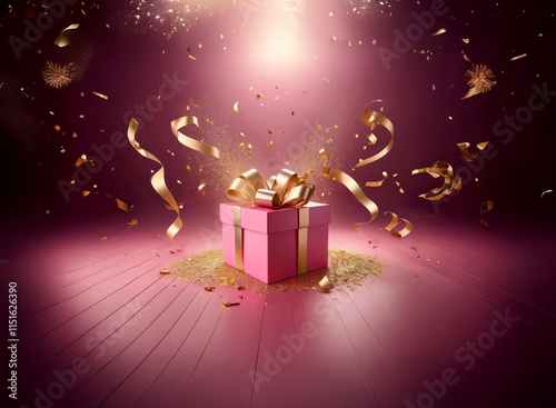 A pink gift box with a gold bow sits on a pink floor, surrounded by falling gold confetti and ribbons.  A magical, celebratory scene. photo