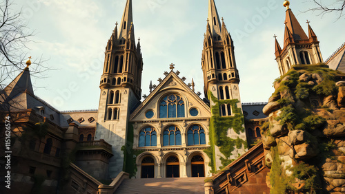 Saint Cathedral in a Historic European City with Gothic Architecture and Tower photo