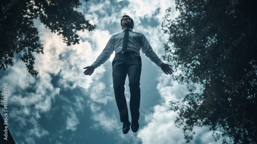 Young businessman floating in the air during a futuristic urban setting with modern skyscrapers and vibrant city lights, representing ambition, innovation, and professional growth in a surreal environ Young businessman floating in the air during a futuristic urban setting with modern skyscrapers and vibrant city lights, representing ambition, innovation, and professional growth in a surreal environ