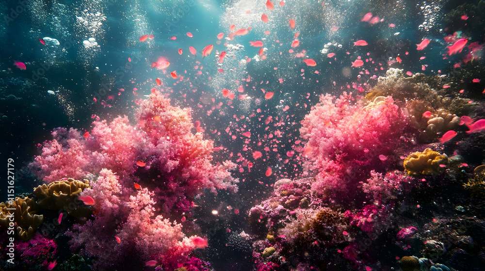 Vibrant Underwater Coral Reef Scene with Pink Corals and Fish Vibrant Underwater Coral Reef Scene with Pink Corals and Fish