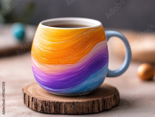 Vibrant ceramic mug captures warmth and creativity in colorful swirls for an inspiring drink experience photo