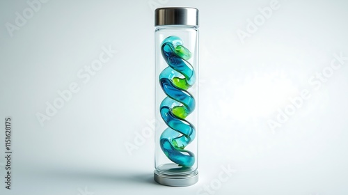 A metallic cylinder with intricate blue and green spiral wires inside, placed next to a transparent acrylic glass tube.