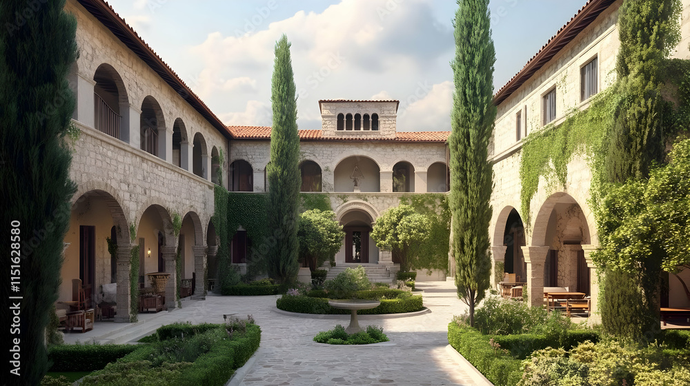 Fototapeta premium Serene Stone Courtyard: Italian Villa Architecture