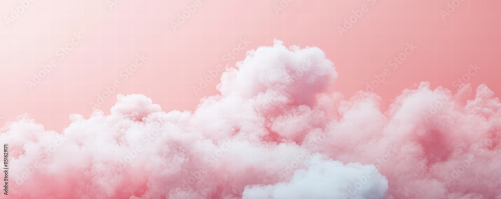 Fototapeta premium Pink pastel watercolor background with white clouds. Abstract pink sky banner template. White clouds in the pink sky. Happy Valentine's Day