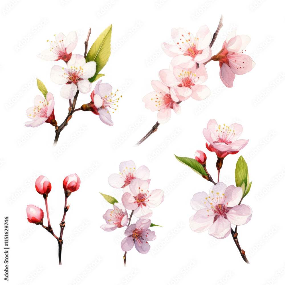 Obraz premium Delicate Pink Almond Blossoms Watercolor Art Collection