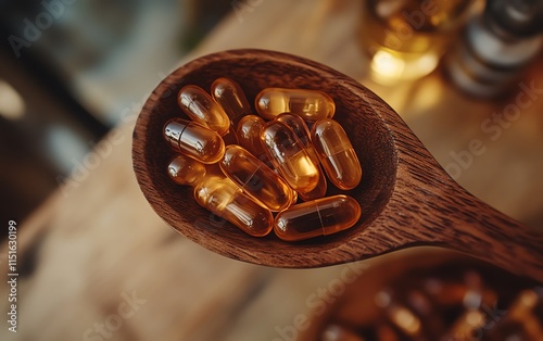 A closeup shot of a wooden spoon holding capsules of fish oil, with rich golden tones of the capsules contrasting against the warm wood grain and soft natural lighting