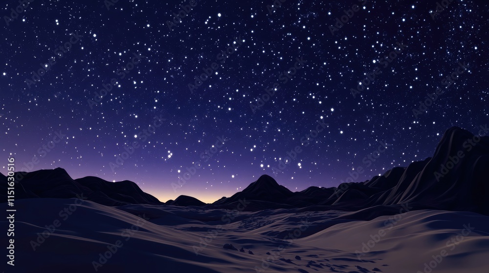 Obraz premium A breathtaking view showcases a star-filled sky illuminating a quiet winter landscape, where dark mountains rise in the background