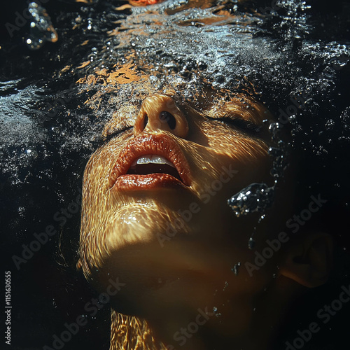 A photograph of the face and neck above water, of an attractive woman with closed eyes, mouth slightly open, head tilted back photo