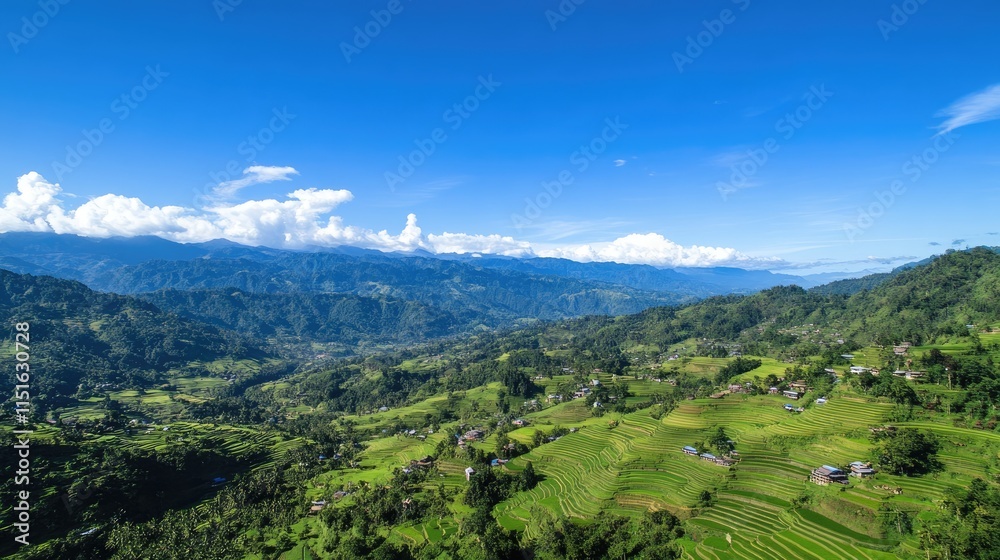 Obraz premium Breathtaking landscape showcases lush rice terraces interwoven with village homes, set against a backdrop of majestic mountains and clear skies