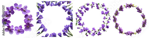 Four stunning purple flower wreaths, perfect for design projects, greeting cards, or social media.  Isolated on transparent background.