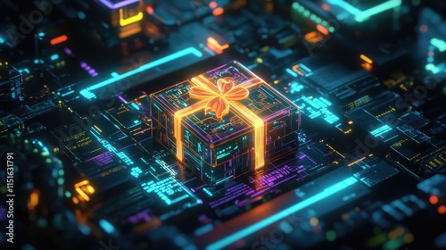 Neon gift wrapped box on futuristic circuit board illuminated with glowing lights photo