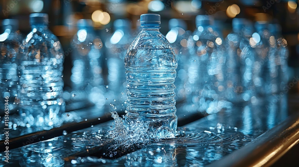 Close-up of a water bottle on a conveyor belt in a bottling plant. Water droplets splash around the bottle creating a dynamic visual. Close-up of a water bottle on a conveyor belt in a bottling plant. Water droplets splash around the bottle creating a dynamic visual.