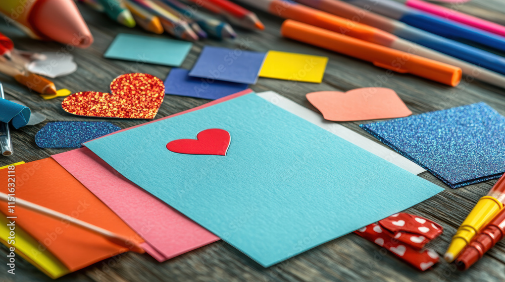 Crafting colorful DIY Valentine card with glitter and paper hearts Crafting colorful DIY Valentine card with glitter and paper hearts