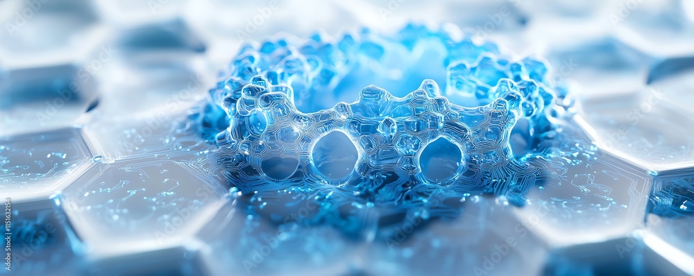 Blue cloud icon with intricate circuits over a white hexagonal pattern, representing the fusion of cloud computing, data storage, and virtual network technology in 3D Blue cloud icon with intricate circuits over a white hexagonal pattern, representing the fusion of cloud computing, data storage, and virtual network technology in 3D