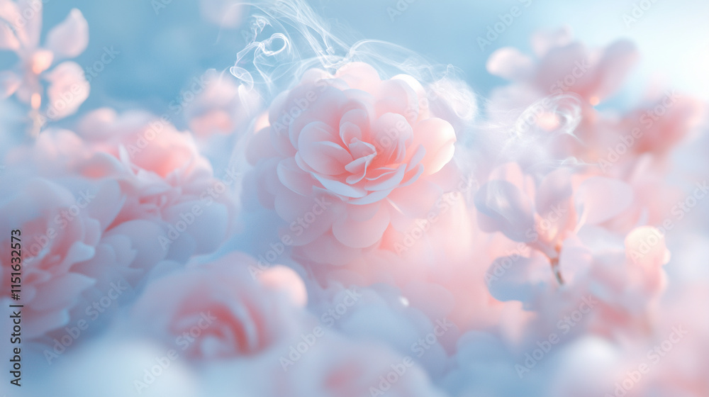 Fototapeta premium Flowers with smoke rising from their center, captured in the soft light and pastel color palette, petals and swirling clouds around them