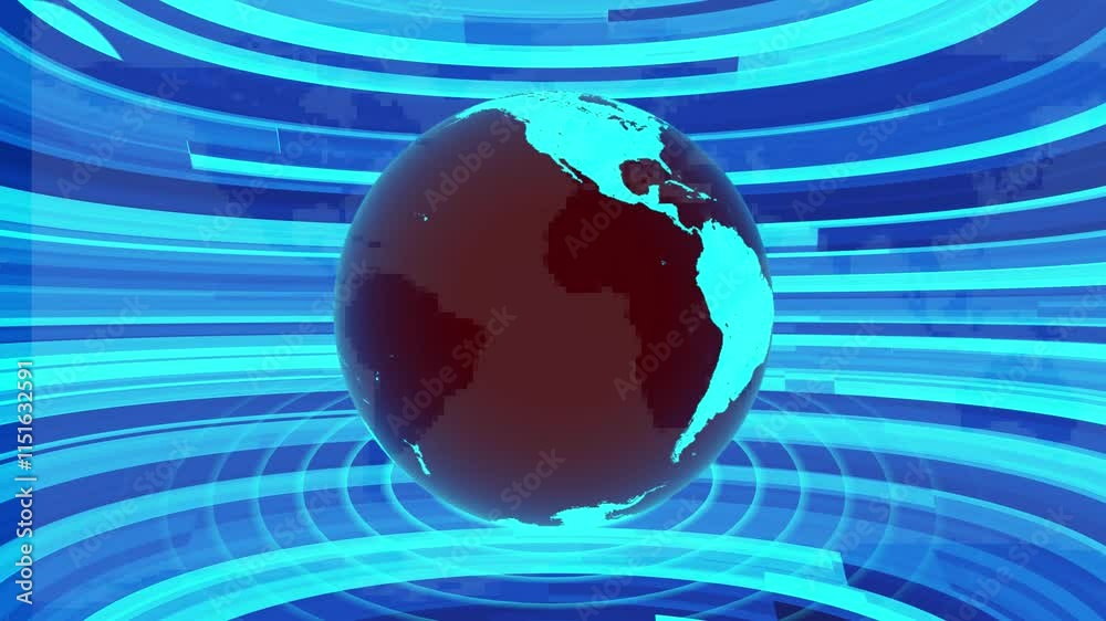 News background full screen glowing cyan color world map earth with radio waves globe animation