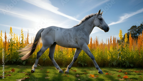 A charming grey dapple horse walking on a colorful autumn meadow, the surrounding trees ablaze with fall colors, and a light breeze carrying leaves gently across the landscape.