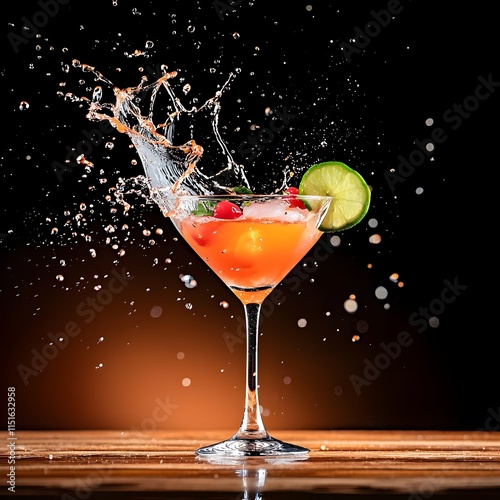 Vibrant Cocktail Splash with Cherry and Lime on Dark Background