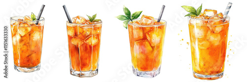 Four watercolor illustrations of iced tea in tall glasses, garnished with mint leaves and ice cubes, showcasing different variations. photo