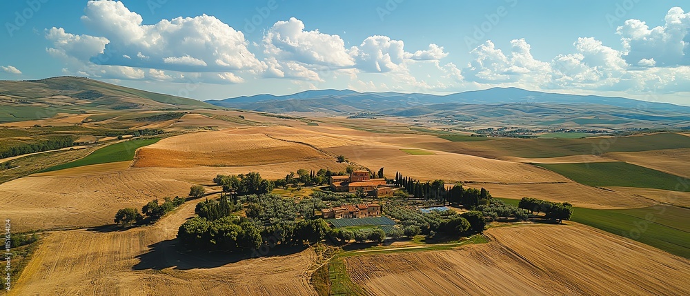 Obraz premium Aerial view of a solar farm integrated into a natural landscape, demonstrating harmony between modern photovoltaic technology and sustainable energy