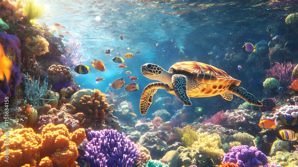 Fototapeta premium Majestic Sea Turtle in Vibrant Coral Reef: Underwater Paradise