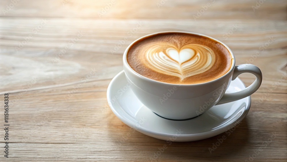Aromatic Latte Art Heart-Shaped Design in a White Cup on Wooden Table Aromatic Latte Art Heart-Shaped Design in a White Cup on Wooden Table