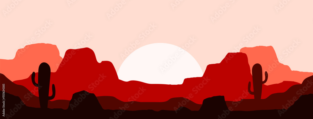 Sunset desert terrain cartoon flat design landscape banner background vector.