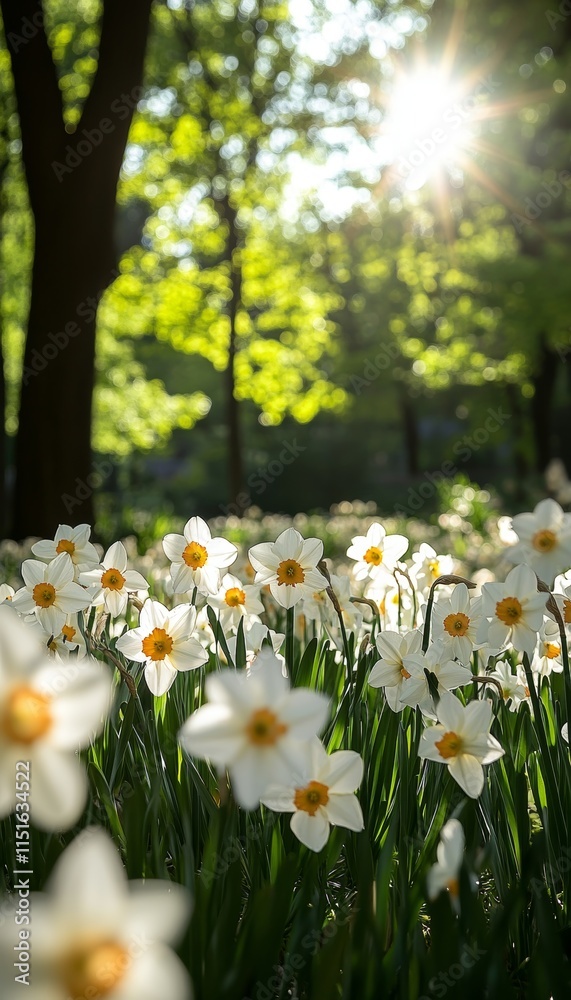 Fototapeta premium Sunny Daffodil Field. Springtime Blooms in a Lush Park. Beautiful Natural Background