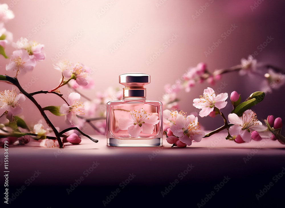 A delicate perfume bottle sits amidst blossoming cherry branches, bathed in soft pink light. The scene evokes springtime and floral fragrance. A delicate perfume bottle sits amidst blossoming cherry branches, bathed in soft pink light. The scene evokes springtime and floral fragrance.