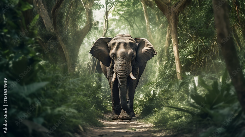 Fototapeta premium Majestic elephant walking on jungle path.