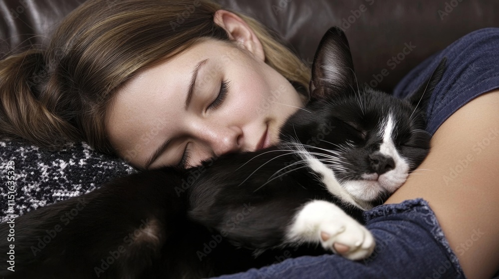 Responsible Pet Owners Month Peaceful moment of a young woman resting with her sleeping cat Responsible Pet Owners Month Peaceful moment of a young woman resting with her sleeping cat