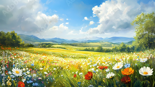 Summer meadow scenery, wildflowers in bloom, gentle breezes create a vibrant and lively landscape. Zephyrous. Illustration