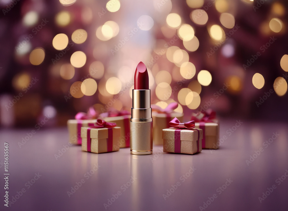 A single tube of ruby red lipstick stands amidst miniature gold gift boxes, all set against a warm, bokeh-filled holiday background. The scene evokes festive glamour and beauty. A single tube of ruby red lipstick stands amidst miniature gold gift boxes, all set against a warm, bokeh-filled holiday background. The scene evokes festive glamour and beauty.