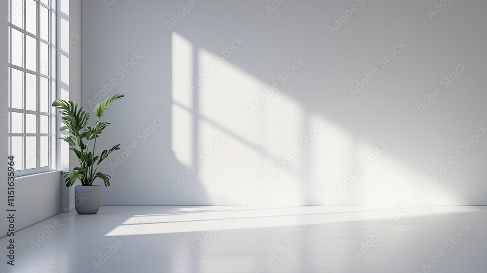 Fototapeta premium Bright and airy interior space with sunlight streaming through large windows and a potted plant in the corner