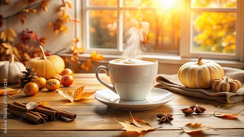 Εκτύπωση καμβά Warm Autumn Morning Coffee by the Window with Pumpkins and Spices