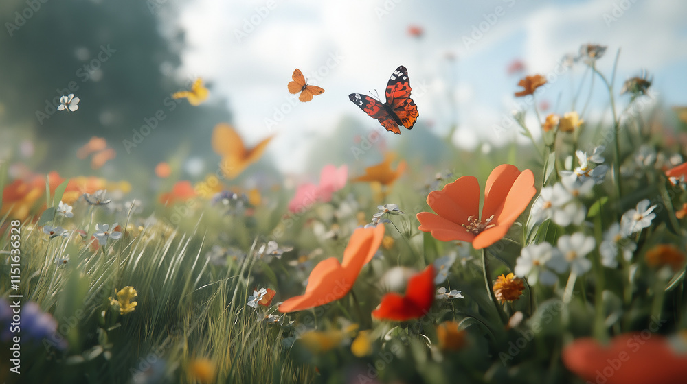 Obraz premium Butterflies dance gracefully above a lush field adorned with colorful blossoms