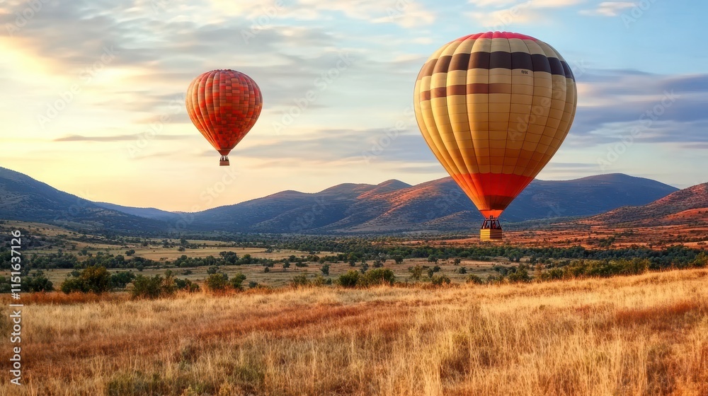 Obraz premium Colorful hot air balloons floating above a picturesque landscape at sunrise with gentle hills and an open field, creating a serene and breathtaking scene