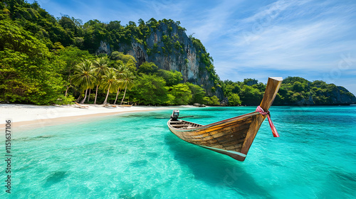 Idyllic Tropical Beach with Wooden Boat and Crystal Clear Water