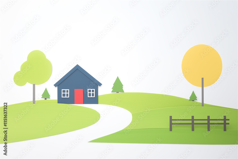 Fototapeta premium A minimalistic illustration of a blue and red house on a green landscape with a clear path, symbolizing community and modern suburban life.