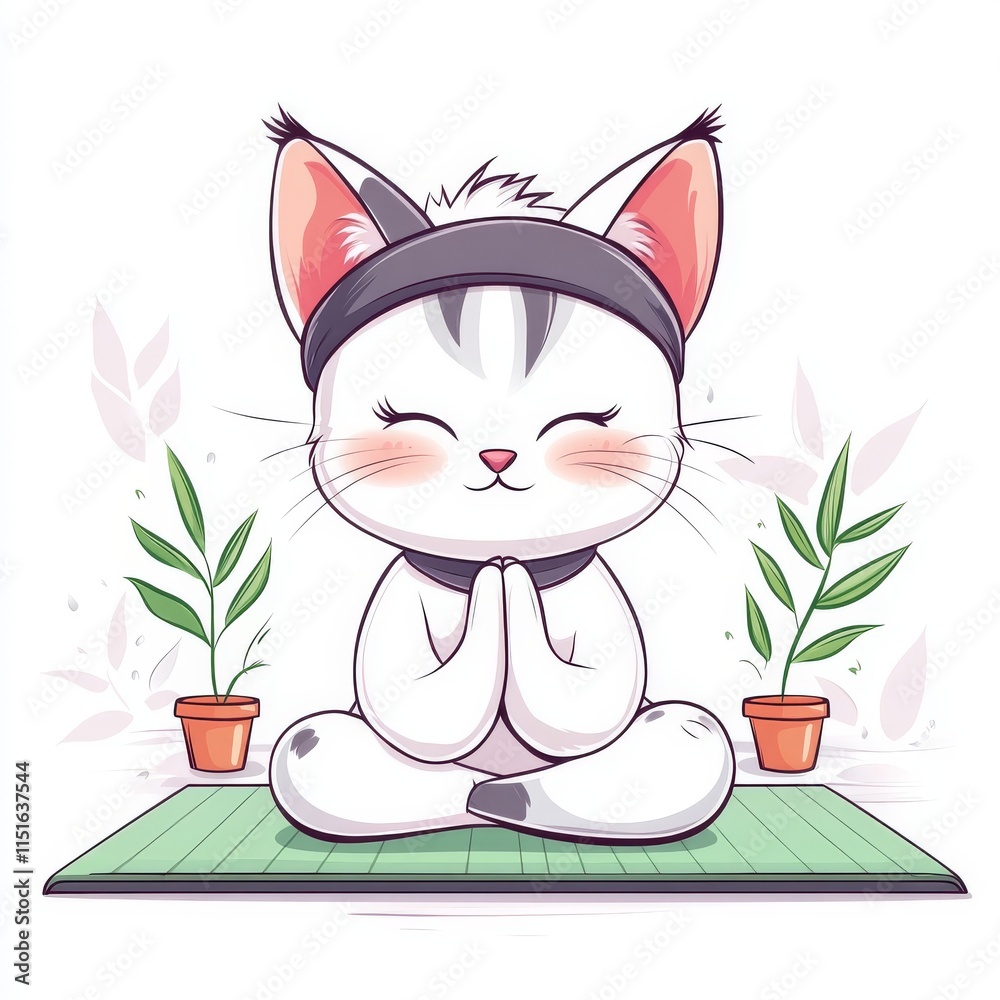 Fototapeta premium Adorable Cat in Sporty Headband Performing Graceful Yoga Pose on Bright Mat, Peaceful Background