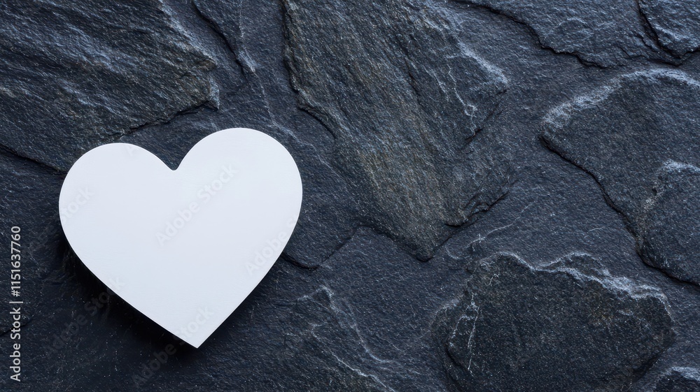 Obraz premium Minimal white heart-shaped paper on dark stone background. Romantic paper heart for Valentine's themes.