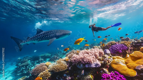 Whale Shark and Diver in Vibrant Coral Reef