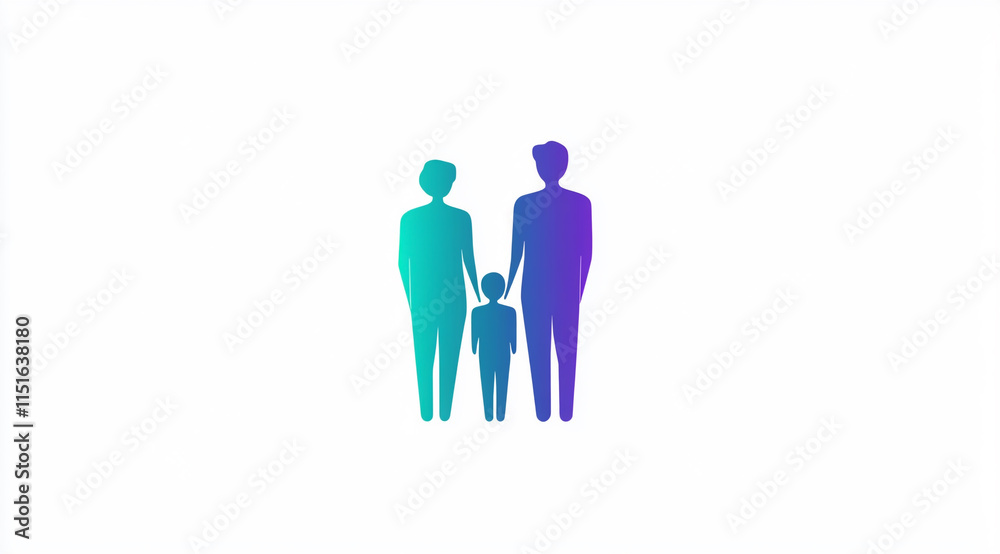 Logo design featuring a family, vector graphics with simple lines and shapes, gradient colors ranging from purple to blue-green, set against a white background Logo design featuring a family, vector graphics with simple lines and shapes, gradient colors ranging from purple to blue-green, set against a white background