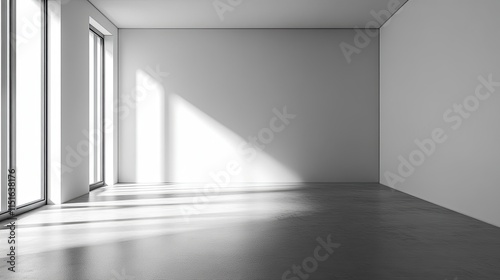 A spacious and well-lit empty room filled with natural light, featuring large windows that cast gentle shadows during midday