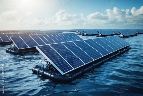 Innovative solar panel farm on ocean floats harnessing renewable energy marine environment aerial view sustainability concept for clean future photo