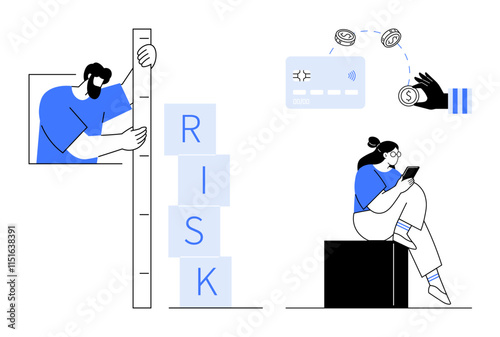 Person measuring risk with ruler and blocks, another checking smartphone with payment graphics. Ideal for finance, digital transactions, investment, financial planning, banking, risk management