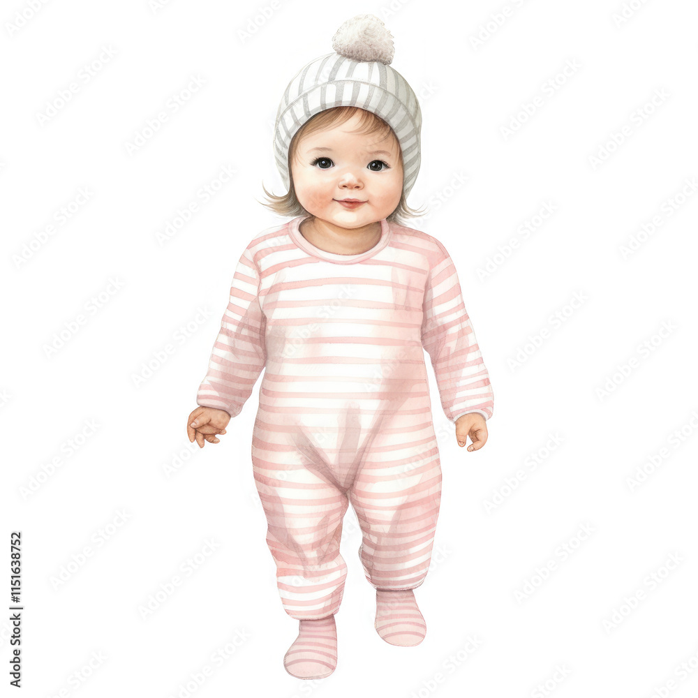 Adorable Baby Girl Wearing Striped Pajamas and Hat Adorable Baby Girl Wearing Striped Pajamas and Hat