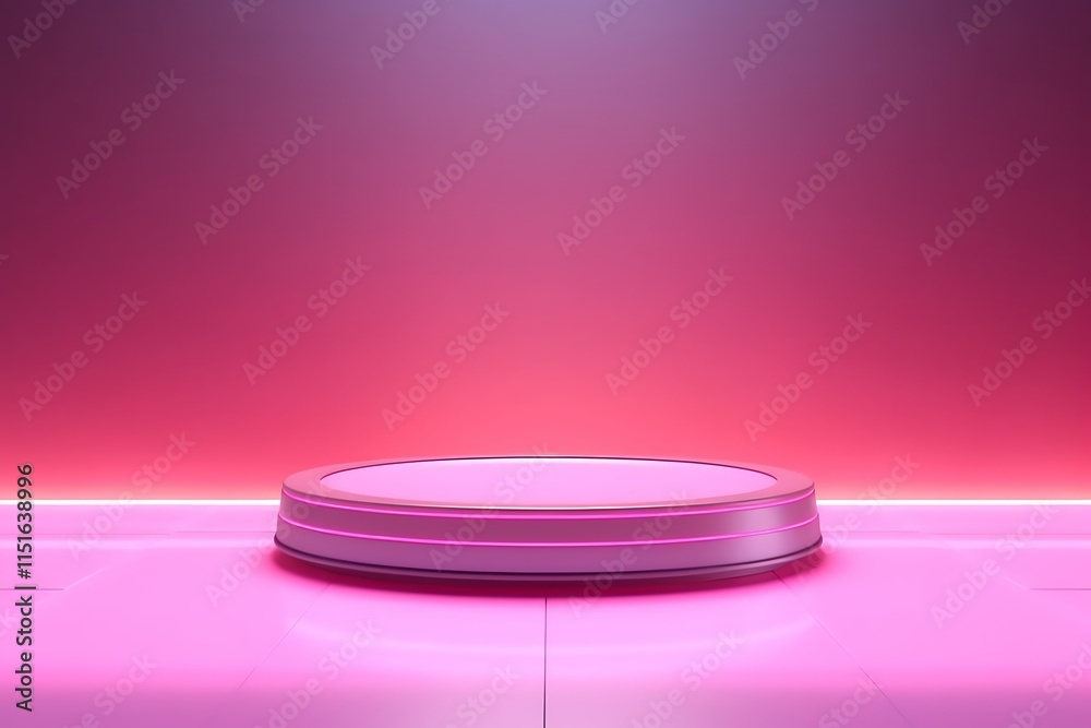 Pink illuminated round platform on a pink floor with a pink wall background. Pink illuminated round platform on a pink floor with a pink wall background.