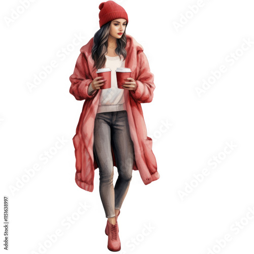 A digitally illustrated stylish woman in a pink coat holds two coffee cups while books rest at her feet. photo