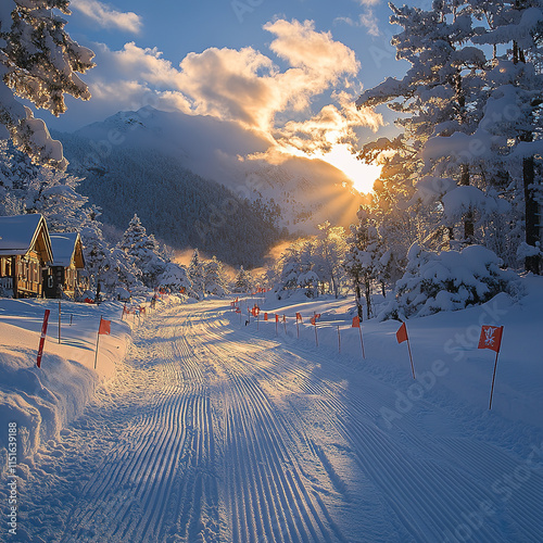 A snow-covered skiing arena with well-groomed trails and flags photo